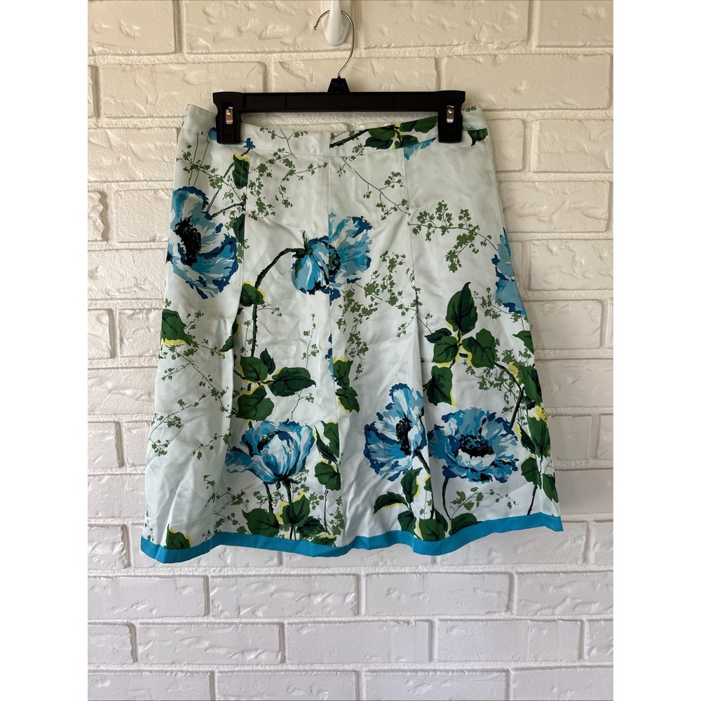 Banana Republic Womens 100% Silk Blue Floral A-Line Pleated Skirt Size 2P